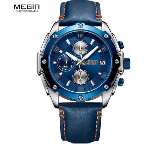 MEGIR Chronograph Men Watch Relogio Masculino Blue Leather Business Quartz Watch Clock Men Creative Army Military Wrist Watches