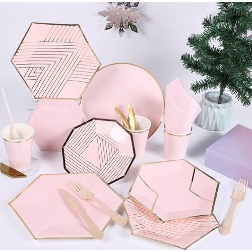 Rose Gold Disposable Tableware Sets Bling Paper Straw Banner Party Cup Plate Party Wedding Decorate Birthday Kids Party Supplies