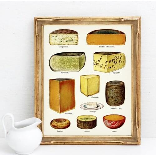 Kitchen Wall Decor Types Of Cheese Chart Poster Prints Cheese Vintage Wall Art Picture Kraft paper poster