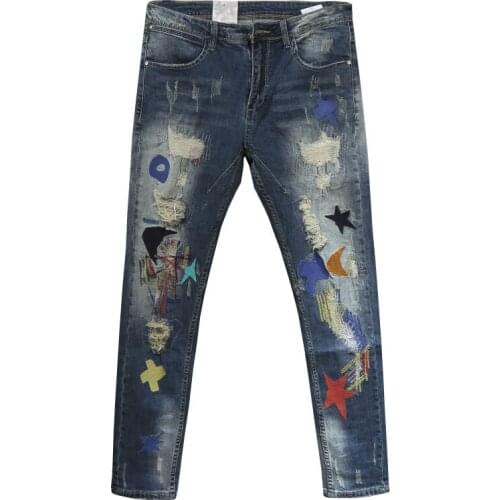 2021 New Fashion Streetwear Slim Fit Embroidery Designer Ripped Jeans Men Destroyed Baggy Pants Elastic Patches Hip Hop Jeans