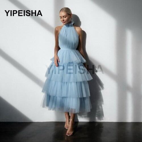 Simple Fashion Prom Dress Halter High Waist Layered Puffy Tulle Ankle Length Temperament Long Skirt Blue Party Dresses Plus Size