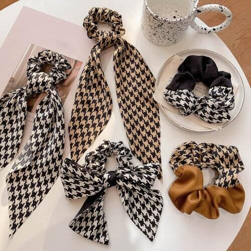 Houndstooth Print Hair Scrunchies Long Streamer Bowknot Hair Scarf Big Bowknot Streamers Headwear Ponytail Holder Hair Tie