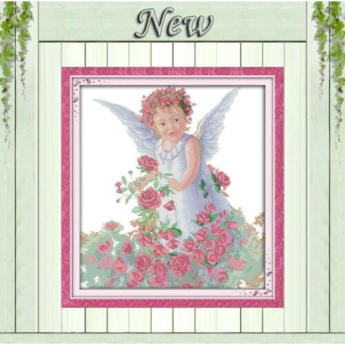 Rose angel baby in garden Painting Drawing counted print on the fabric 14CT 11CT DMC Cross Stitch kits Needlework Set Embroidery