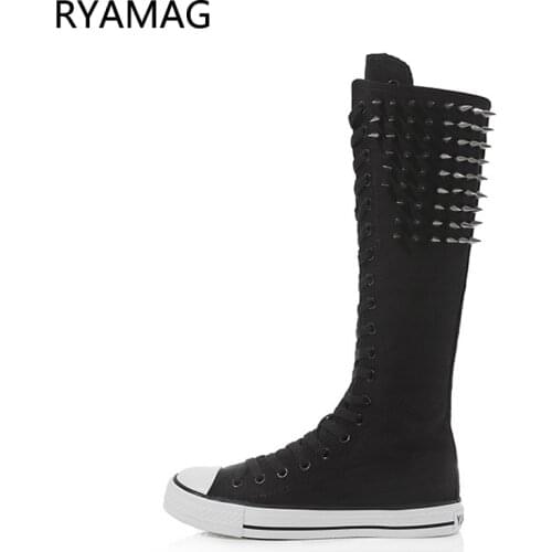 Ryamag 2021 New Womens Canvas Boots Long Boots Rivet Shoes Flats Punk High Top Lace-Up Zipper Comfortable Vulcanize Sneakers