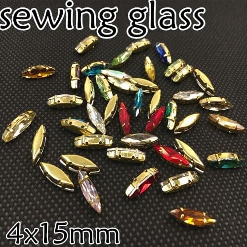 Rich Colors Sew On Rhinestone Glass Crystals 4x15mm Navette Fancy Stone With Gold Claw Setting for dress making