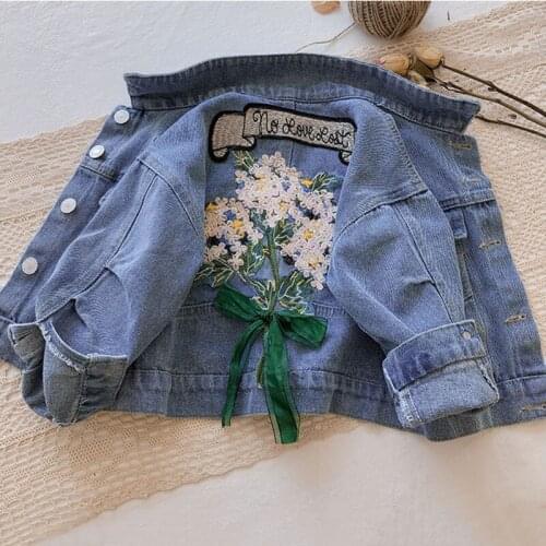 2-7T Floral Long Sleeve Denim Jackets For Girls Toddler Kid Baby Girl Spring Clothes Sweet Back Flower Print Coat Kids Outwear