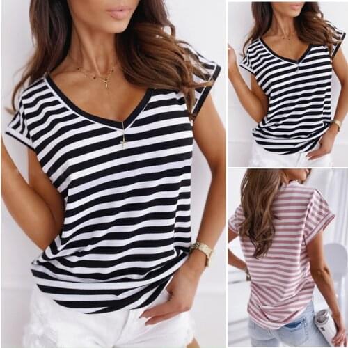 Womens Top Summer Striped Print T-Shirts Women Clohting V-Neck Short Sleeve T Shirt Woman T-Shirts Y2K Ropa Mujer Kawaii Tops