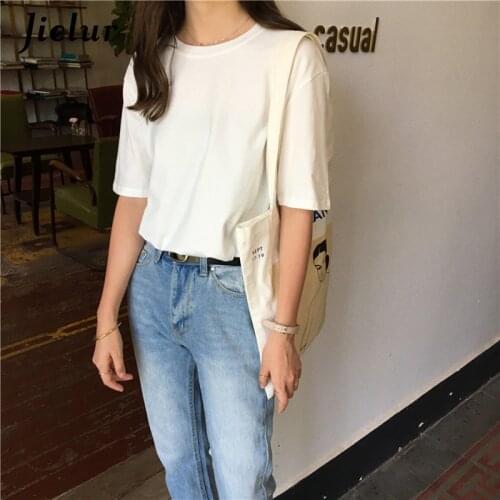 Jielur 15 Colors Womens T-shirts Loose Casual Harajuku Basic Tee Shirt Summer Korean Female T-shirt S-XL Apricot White Tops