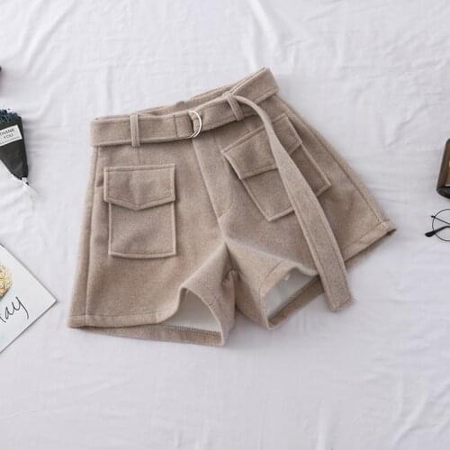 Abrini Women Wide Legs High Waist Wool Shorts Casual Fashion Korean Shorts Belt Shorts 2019 Autumn Winter Shorts With Pockets
