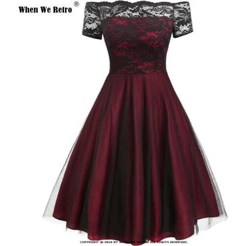 Women Vintage Lace Dress Red Black Green Slash Neck Tulle Midi Chic Retro Gothic 50s Jurken Swing Party Clothing VD2209
