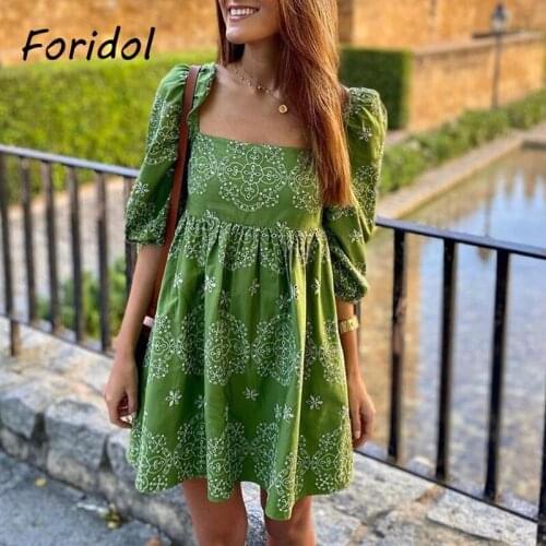 Foridol Embriodery Hollow Out Green Summer Dress Women Puff Sleeve Casual Loose Short Mini Boho Dress Vintage Dress 2021