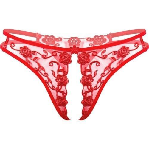 Womens Lingerie Crotchless Underwear Flower Embroidery Low Waist See-through T-back Briefs Erotic Sexy Open Crotch Underpants