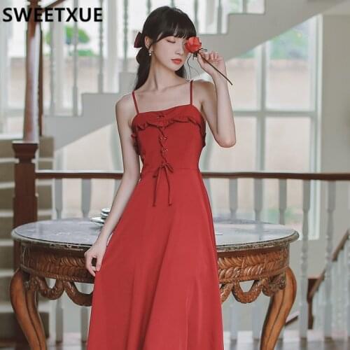 SWEETXUE French Retro Spaghetti Strap Dress Sweet Cute Beach Holiday Dress 2021 Summer Ladies Korean Chic Vestidos Robe Femme