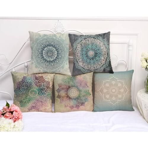 Decorative Pillow Case Mandala Geometric Floral Pattern Pillowcase 17.5 Inches Cotton Linen Chair Seat Throw Pillow Cover P1043