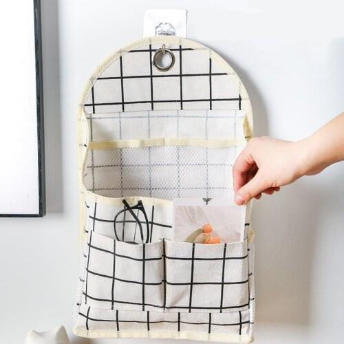 Household Bedside Wall Wall-mounted Storage Bag Lattice Hanging Storage Bag Bedside Storage Bag Wall-mounted Debris Storage Bag