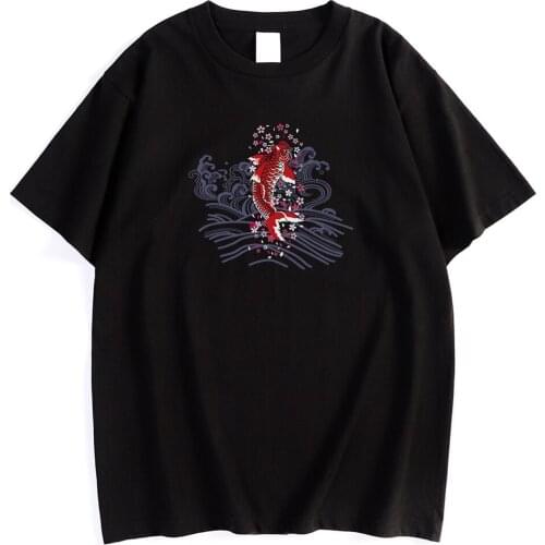 Japan Street Style Back Koi Printing Men T-Shirt Simplicity O-Neck Tshirts Cool Breathable T Shirts Creativity Soft Mens Top