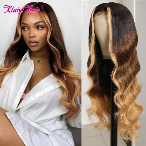 Klaiyi Hair Ombre Blonde Loose Wave 4x1 T Part Lace Wig Brazilian Human Hair Lace Wigs For Women Highlight Brown Remy Hair Wig