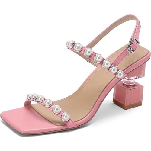 Kmeioo Pearl decoration Fashion Women Sandals square Toe thick High Heels Sandals Buckle Strap Ladies sweety Shoes 7cm