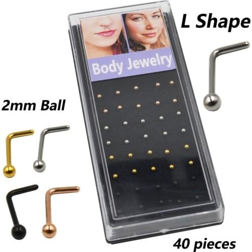 Stainless Steel Ball Top L Shape Nose Stud Ring Piercing Nose Bone Jewelry 40pcs Box Set-Heart,Moon,Star,Ball Designs