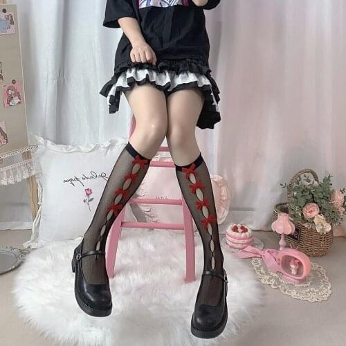 Summer Hollow Fishnet Socks Beautiful Girl Calf Socks Multicolor Flocking Bow Sweet and Cool Black and White Socks for Two Wear