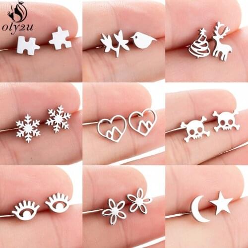 Multiple Mini Stainless Steel Stud Earrings for Women Girls Cute Snowflake Puzzle Eyes Skull Earings Jewelry Ear Studs Pendiente