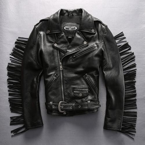 Mens Tassel Motorcycle leather Jacket with belt Rock Stylish Genuine Leather coat Men Short Slim Fit Cowhide biker jacket male