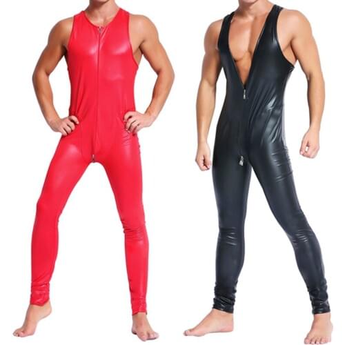 Mens Bodysuits Lingerie Open Crotch Zipper PU Leather Jumpsuits Borat Mankini Erotic Costume Trousers Singlets Gay Bodystocking