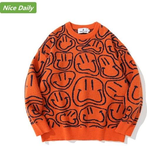 NiceDaily Autumn Winter Men Sweater Fun Smily Face Warm Knitted Sweater Mens Tide Brand Street Harajuku Loose Couple Casual Top
