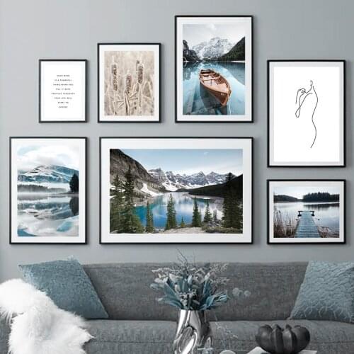 Snow Mountain Lake Boat Forest Landscape Wall Art Canvas Painting Nordic Posters And Prints Wall Pictures For Living Room Decor