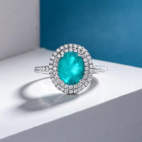 New 100% 925 Sterling Silver Oval Cut Paraiba Tourmaline Created Moissanite Wedding Party Fine Jewelry Vintage Ring For Women