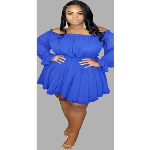 Autumn Womens Fashion Dress Long Petal Sleeve Slash Sexy Dress Off-the Shoulder Chiffon Fabric Comfortable Loose Plus Size