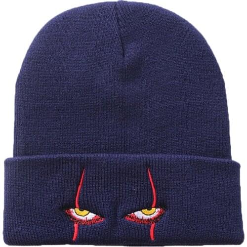 Unisex Winter Knitted Beanie Hat Scary Clown Eyes Embroidery Hip Hop Cuffed Skull Cap Halloween Cosplay Party Headpiece