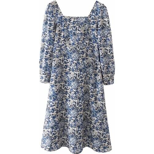 YENKYE Vintage Floral Print Ladies Dress Sexy Square Neck Puff Sleeve A-line Midi Summer Ropa Mujer Holiday Party Vestido