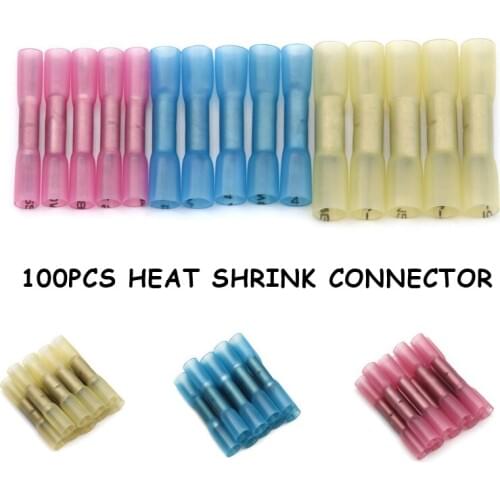 YT 100PCS/Set Mixed 3 Sizes Heat Shrink Butt Connector Hot Melt Glue Inside Crimp Terminals Insulated Electrical Wire Connectors