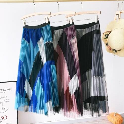 ZEBEEN Geometric Print Pleated Skirt for Women 2021 Summer Retro Mesh Skirt Contrast Color High Waist Fashion Casual Long Skirt