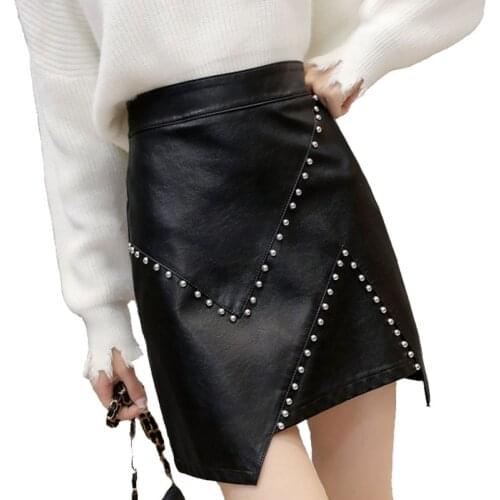 Womens Pu Leather Skirt New Fashion Rivet High Waist A-line Skirt Autumn Winter Irregular Package Hip Mini Short Skirt ML285