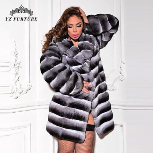 YZ Furture Natural Rex Rabbit Fur Coat Long Sleeve Chinchilla Color Fur Jackets Striped Pattern with Big Collar V-neck Warm coat