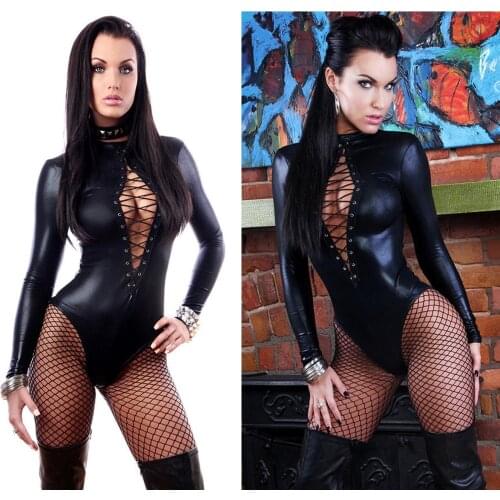 Women Sexy Synthetic Leather Bodysuit Bondage Corset Lingerie Rivet Leather Jumpsuit Open Bra Strappy Leotard Latex Catsuit