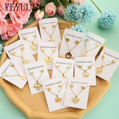 New Animal Elephant Heart Lettr Stainless Steel Pendant Necklace Sets For Women Gold Color Chain Necklace Earrings Jewelry Gifts