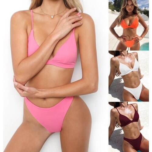 2019 Womens One Piece Swimsuit Sexy Solid Push Up Bikini High Cut Monokini Swimwear Beachwear Backless 2PCS
