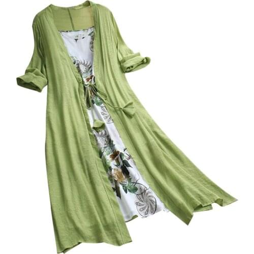 80% HOT SALES！！！2Pcs/Set Plus Size Lady Flower Print Cotton Linen Sleeveless Dress with Cardigan