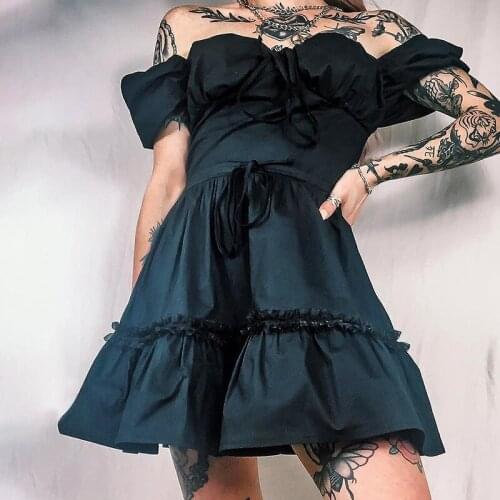Gothic Dress Women Pleated Black Off Shoulder Short Sleeve Strap Backless Mini Dresses 2021 Empire Ruffles Casual Women Clothing