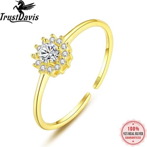 TrustDavis Real 925 Sterling Silver Snow Flower Zircon Adjustable Open Ring Women Light Luxury Wedding Party Jewelry Gift L232