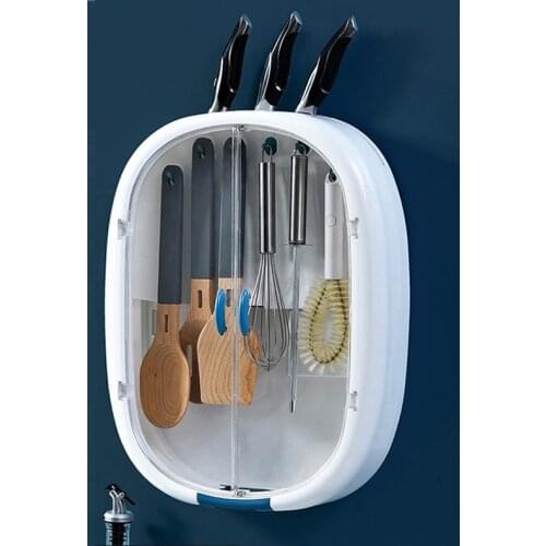 045 Wall mounted traceless Double door transparent kitchen shelf multi-function kitchen tool rack