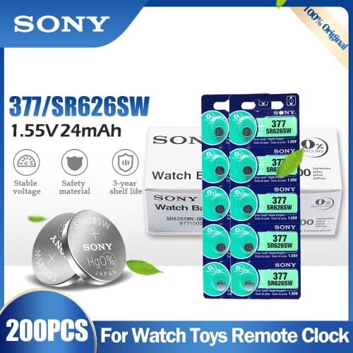 200PCS SONY 377 377A SR626SW AG4 SR626 LR66 LR626 AG 4 1.55V Silver Oxide Battery For Watch Clock Toys Car Remote Button Cell