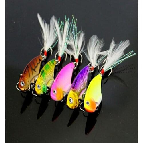 5pcs 11g 5.5cm metal fishing lure ice sea fishing tackle metal VIB jig wobblers lure with feather treble hook