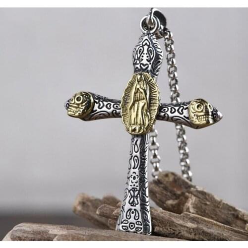 925 sterling Silver Virgin Mary cross skull pendant charm jewelry for men women gift A4980