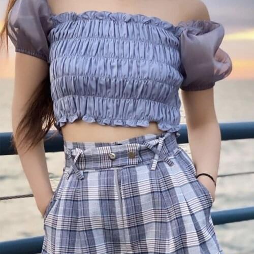 Girls Blouse Summer Transparent Puff Sleeve Short Sexy Blouse Women Stretch Fashion 2021 Mujer Tops