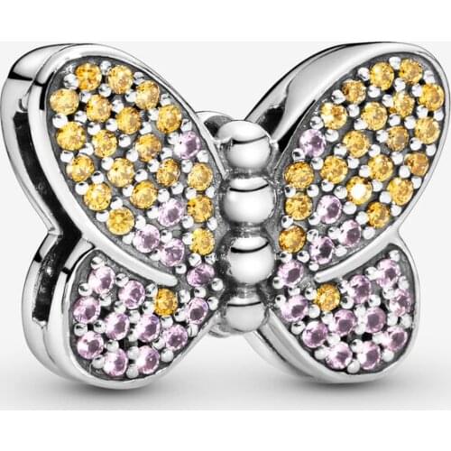 925 Sterling Silver Beads Fit Original Pandora Bracelets Pave Butterfly Clip DIY Women Fashion Jewelry Gift
