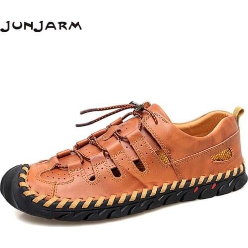 JUNJARM New Men Summer Sandals Men Genuine Leather Sandals Casual Shoes Men Outdoor Beach Sandals Men Summer Shoes 39-48